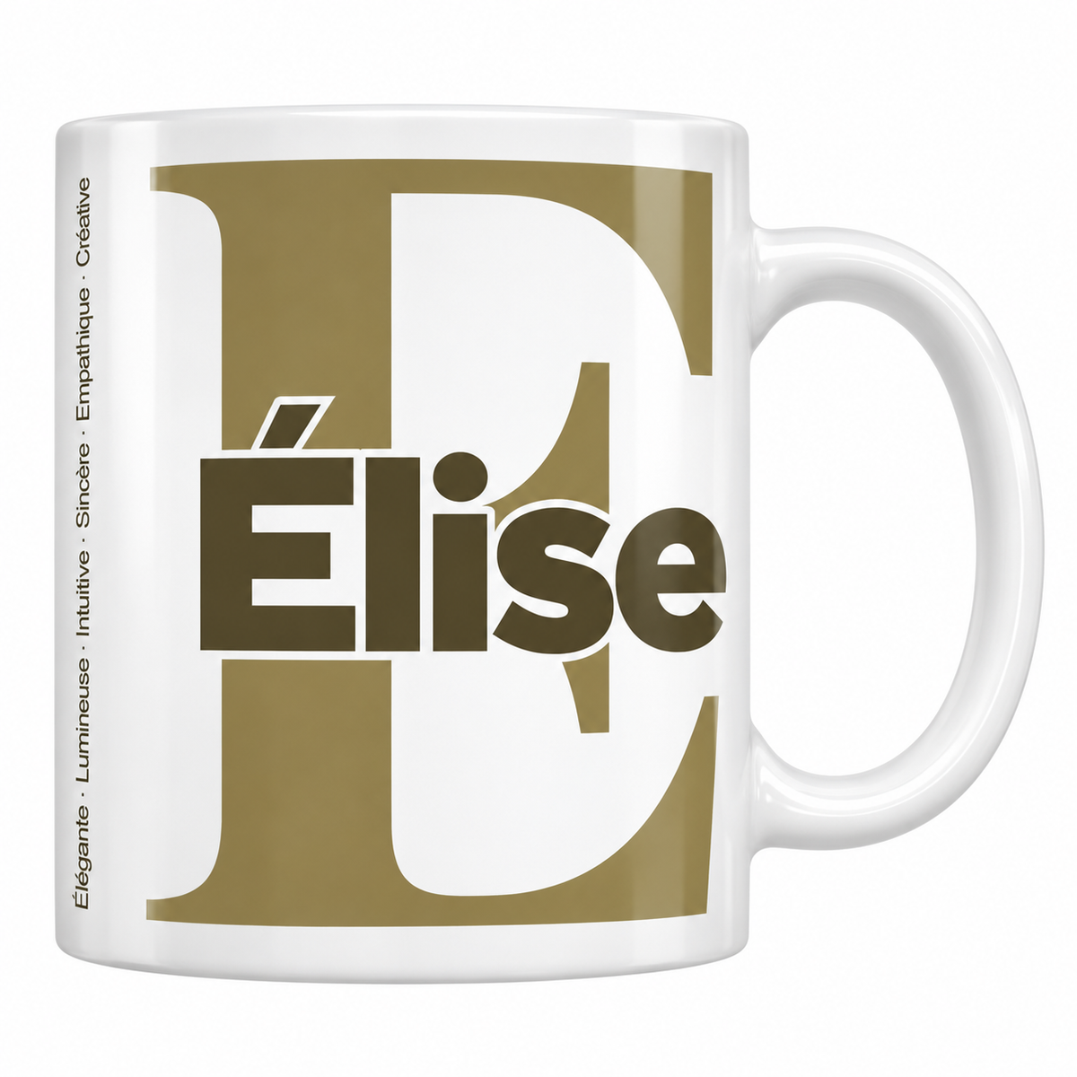 Mug blanc céramique 330 ml prénom Élise : grande initiale E, prénom Élise en lettres bold et six qualités verticales sur le côté