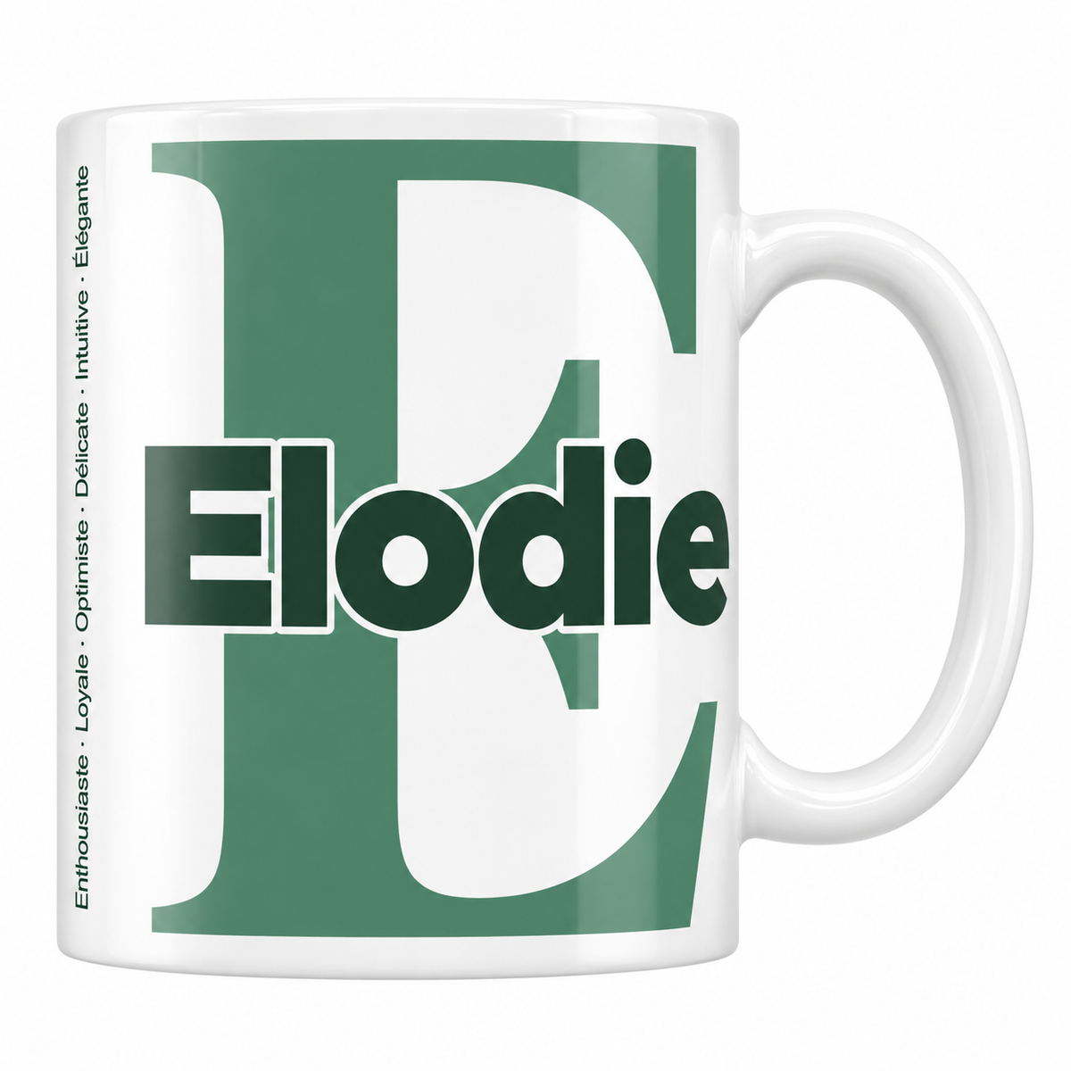 Mug blanc céramique 330 ml prénom Elodie : grande initiale E, prénom Elodie en lettres bold et six qualités verticales sur le côté