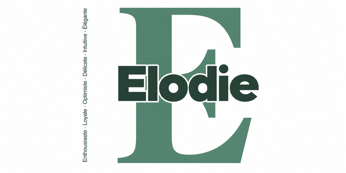 Visuel à plat du mug prénom Elodie : initiale E pleine hauteur, prénom Elodie centré et ligne verticale « Enthousiaste · Loyale · Optimiste · Délicate · Intuitive · Élégante »