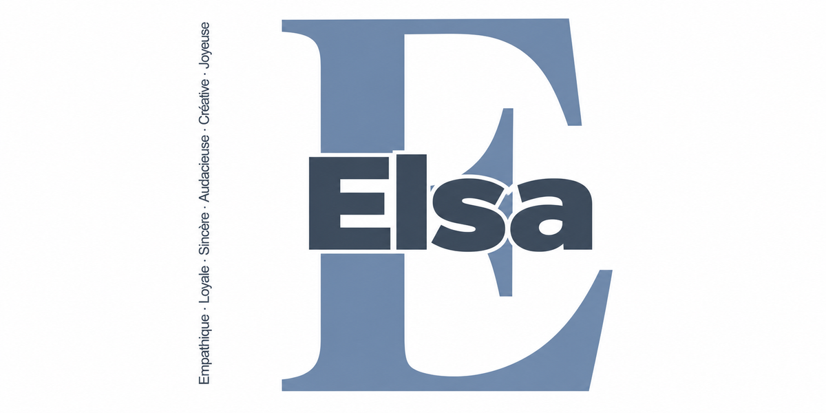 Visuel à plat du mug prénom Elsa : initiale E pleine hauteur, prénom Elsa centré et ligne verticale « Empathique · Loyale · Sincère · Audacieuse · Créative · Joyeuse »