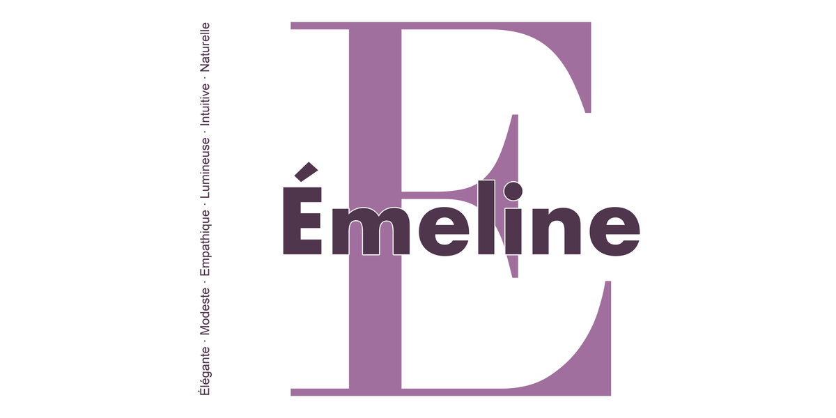 Visuel à plat du mug prénom Émeline : initiale E pleine hauteur, prénom Émeline centré et ligne verticale « Élégante · Modeste · Empathique · Lumineuse · Intuitive · Naturelle »