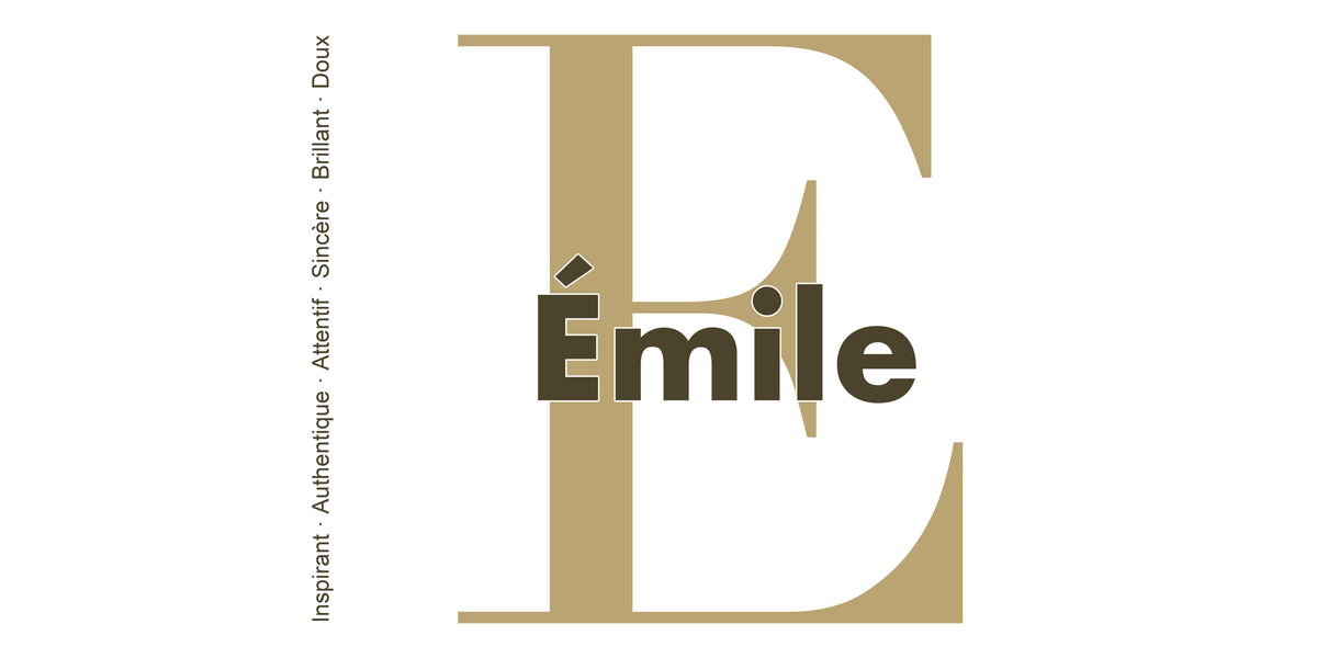 Visuel à plat du mug prénom Émile : initiale E pleine hauteur, prénom Émile centré et ligne verticale « Inspirant · Authentique · Attentif · Sincère · Brillant · Doux »