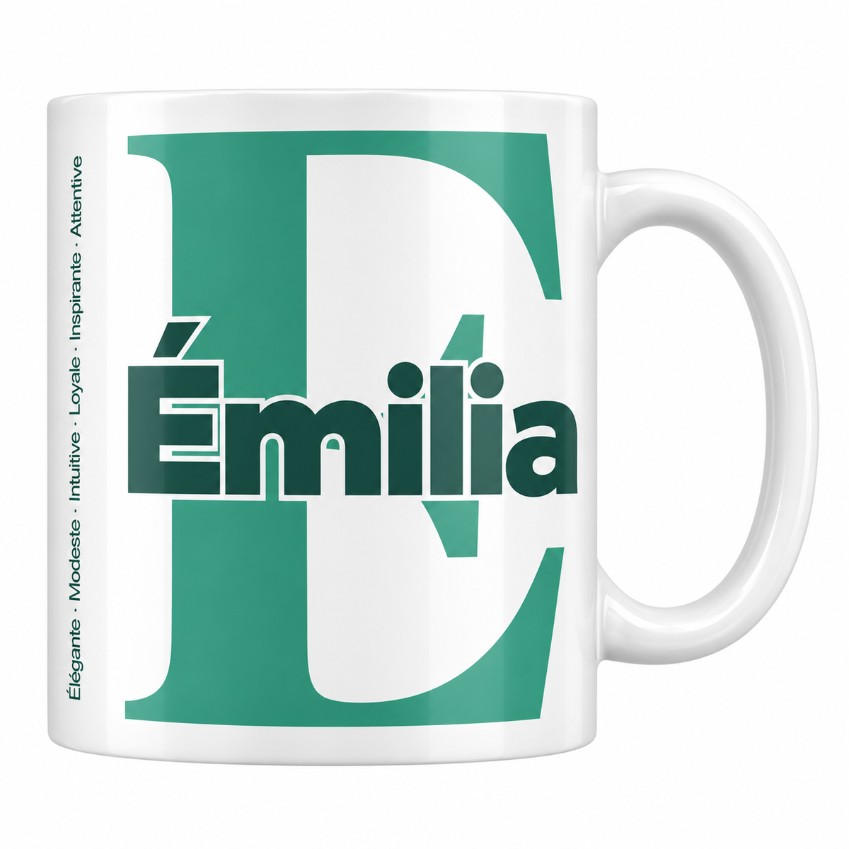 Mug blanc céramique 330 ml prénom Émilia : grande initiale E, prénom Émilia en lettres bold et six qualités verticales sur le côté