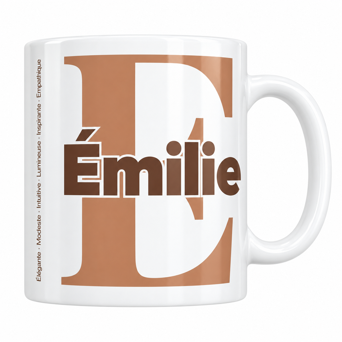 Mug blanc céramique 330 ml prénom Émilie : grande initiale E, prénom Émilie en lettres bold et six qualités verticales sur le côté