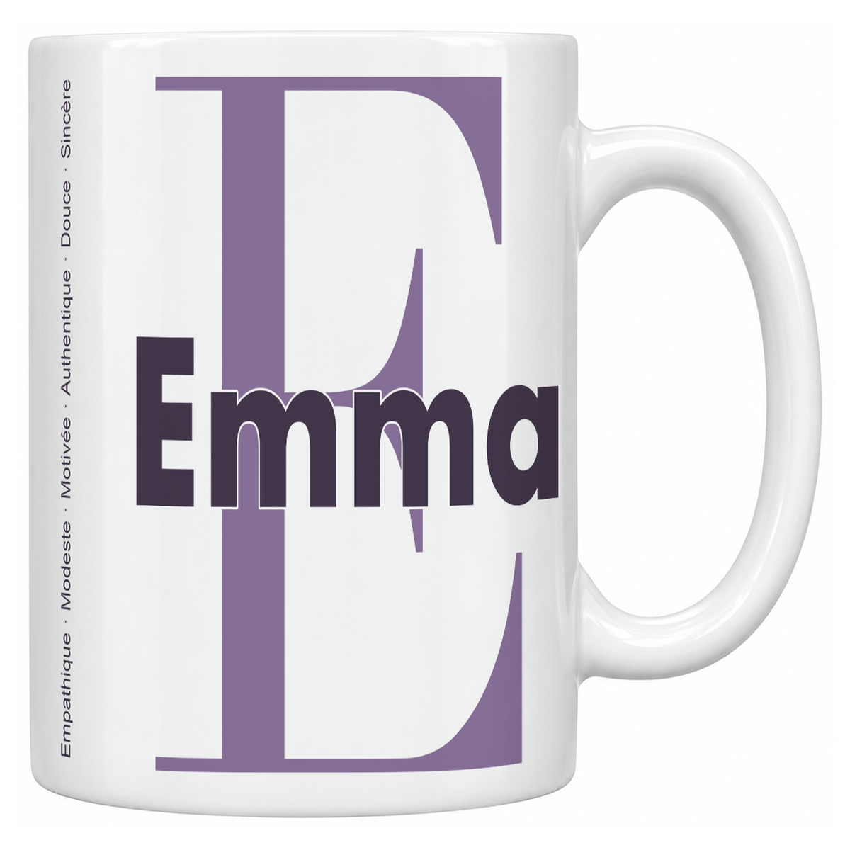 Mug blanc céramique 330 ml prénom Emma : grande initiale E, prénom Emma en lettres bold et six qualités verticales sur le côté