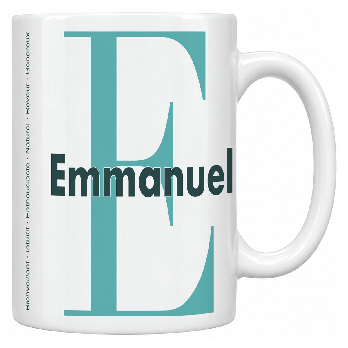 Mug blanc céramique 330 ml prénom Emmanuel : grande initiale E, prénom Emmanuel en lettres bold et six qualités verticales sur le côté