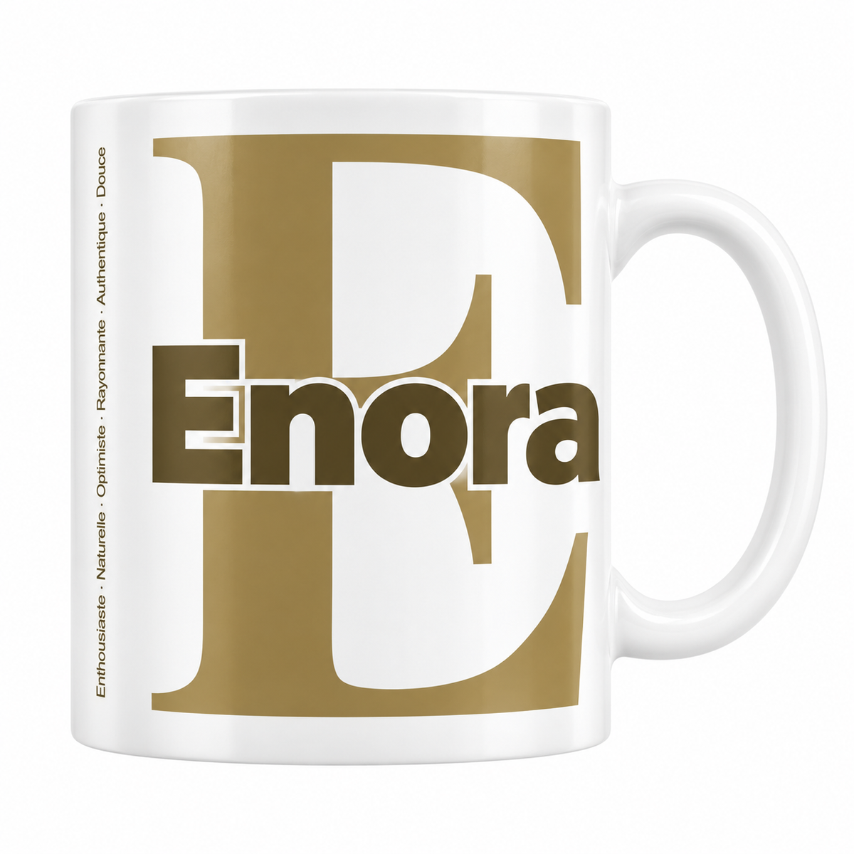 Mug blanc céramique 330 ml prénom Enora : grande initiale E, prénom Enora en lettres bold et six qualités verticales sur le côté