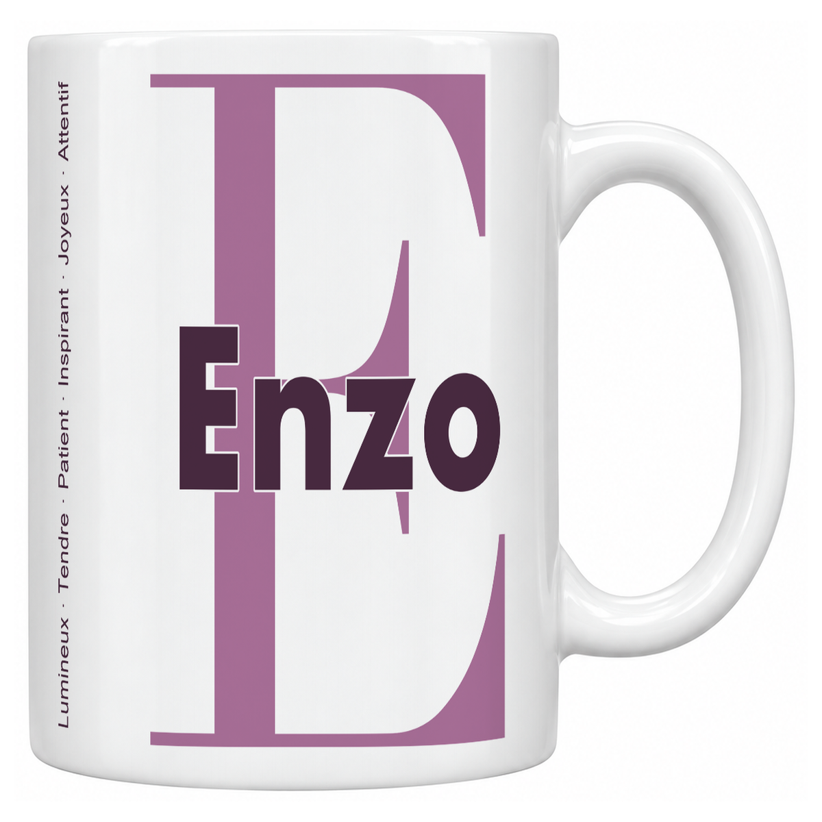 Mug blanc céramique 330 ml prénom Enzo : grande initiale E, prénom Enzo en lettres bold et six qualités verticales sur le côté