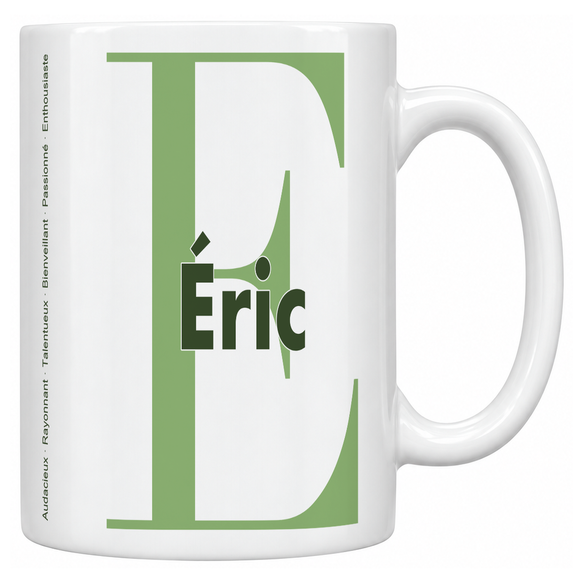 Mug blanc céramique 330 ml prénom Éric : grande initiale E, prénom Éric en lettres bold et six qualités verticales sur le côté