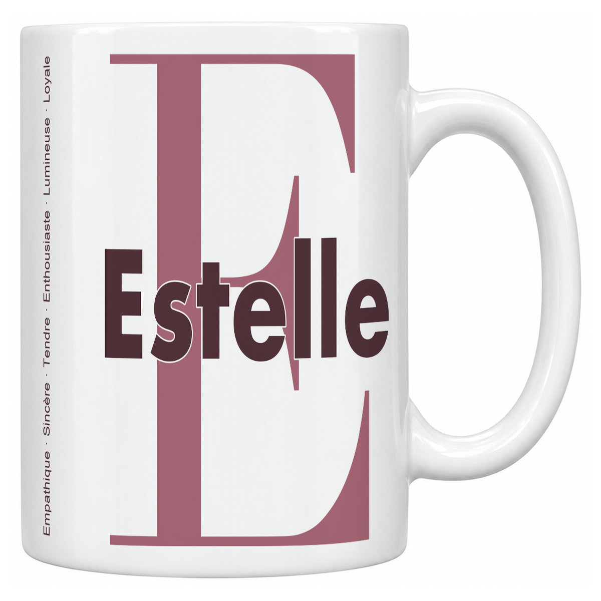 Mug blanc céramique 330 ml prénom Estelle : grande initiale E, prénom Estelle en lettres bold et six qualités verticales sur le côté