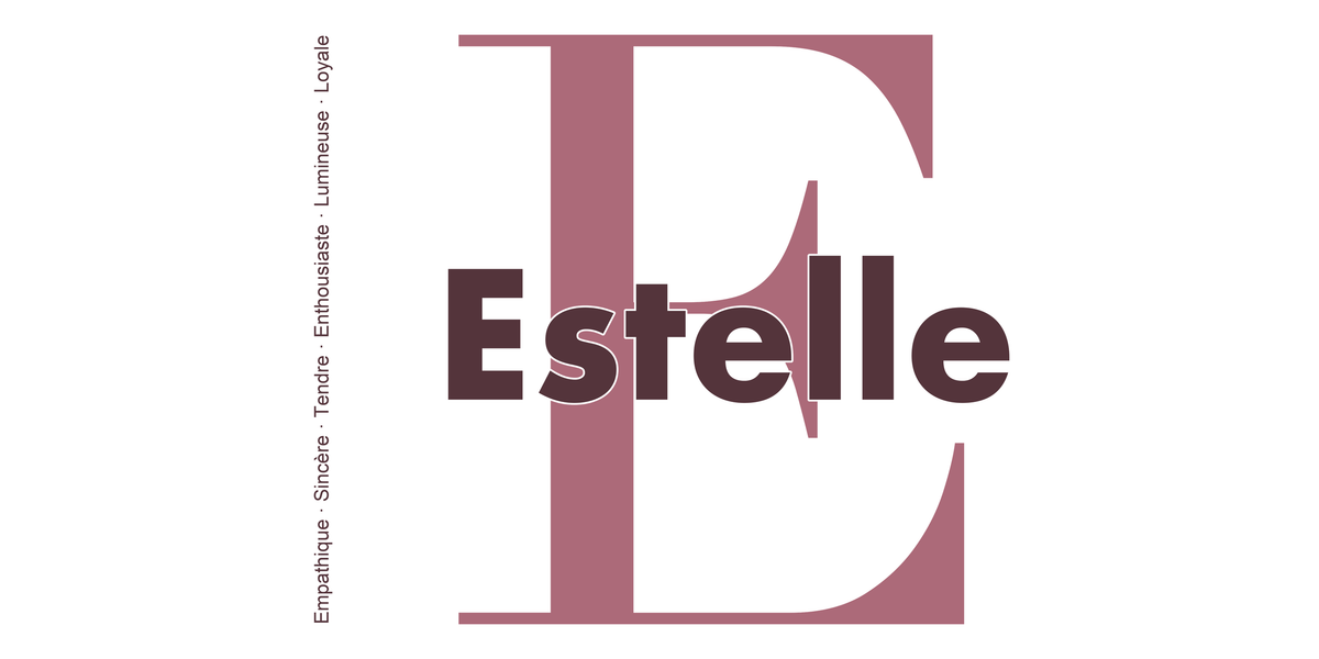 Visuel à plat du mug prénom Estelle : initiale E pleine hauteur, prénom Estelle centré et ligne verticale « Empathique · Sincère · Tendre · Enthousiaste · Lumineuse · Loyale »