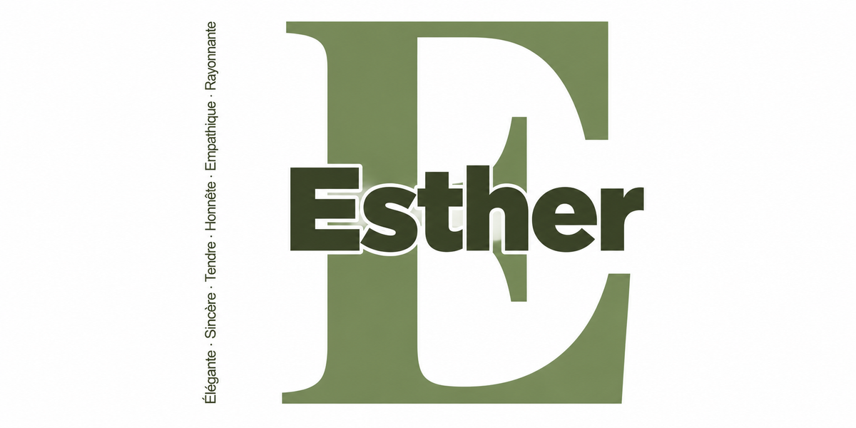 Visuel à plat du mug prénom Esther : initiale E pleine hauteur, prénom Esther centré et ligne verticale « Élégante · Sincère · Tendre · Honnête · Empathique · Rayonnante »