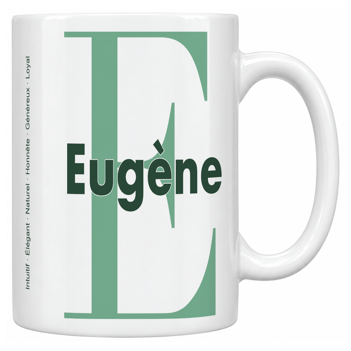 Mug blanc céramique 330 ml prénom Eugène : grande initiale E, prénom Eugène en lettres bold et six qualités verticales sur le côté