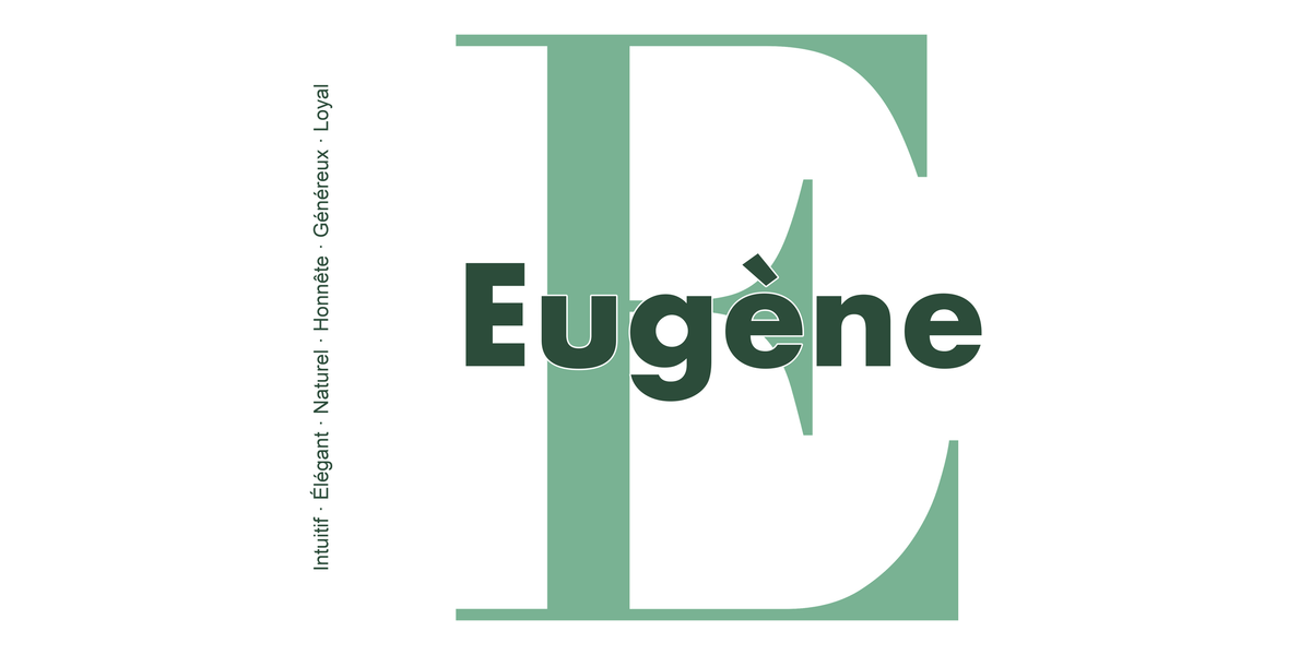 Visuel à plat du mug prénom Eugène : initiale E pleine hauteur, prénom Eugène centré et ligne verticale « Intuitif · Élégant · Naturel · Honnête · Généreux · Loyal »