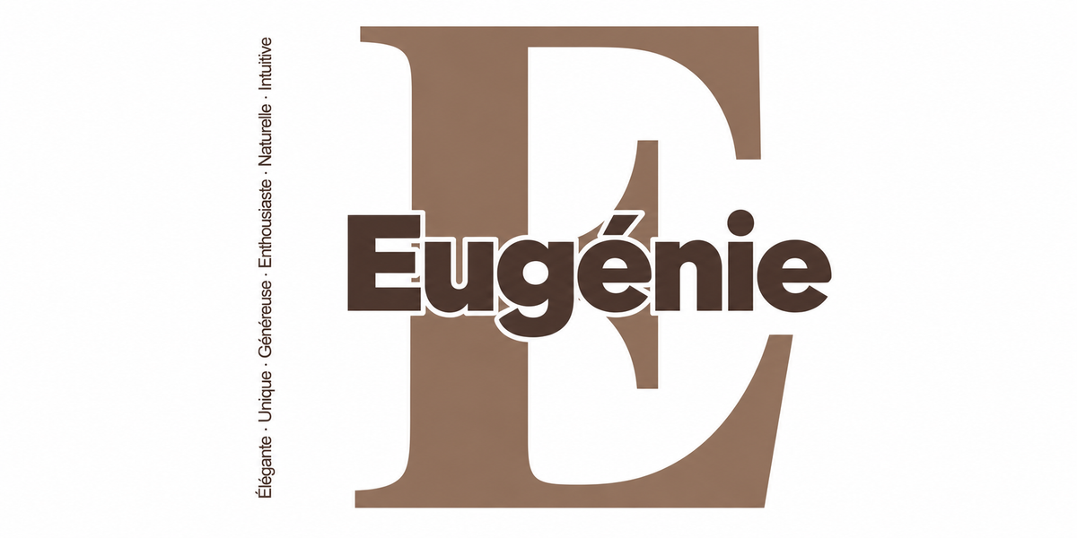 Visuel à plat du mug prénom Eugénie : initiale E pleine hauteur, prénom Eugénie centré et ligne verticale « Élégante · Unique · Généreuse · Enthousiaste · Naturelle · Intuitive »