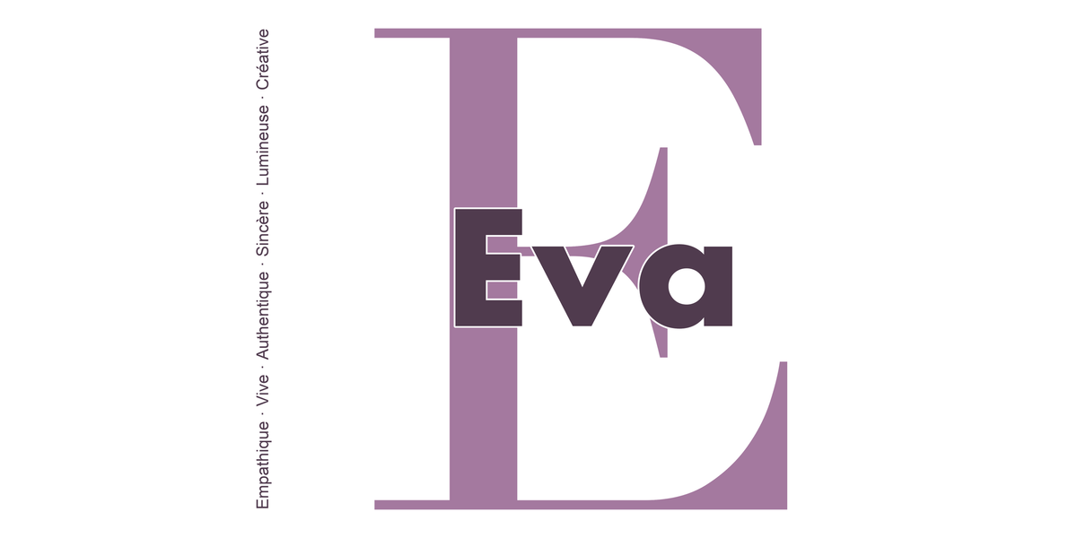Visuel à plat du mug prénom Eva : initiale E pleine hauteur, prénom Eva centré et ligne verticale « Empathique · Vive · Authentique · Sincère · Lumineuse · Créative »