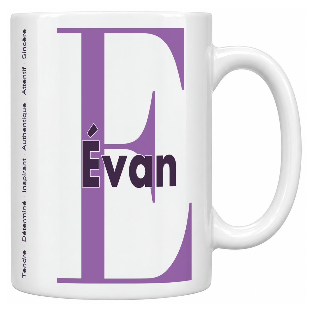 Mug blanc céramique 330 ml prénom Évan : grande initiale E, prénom Évan en lettres bold et six qualités verticales sur le côté