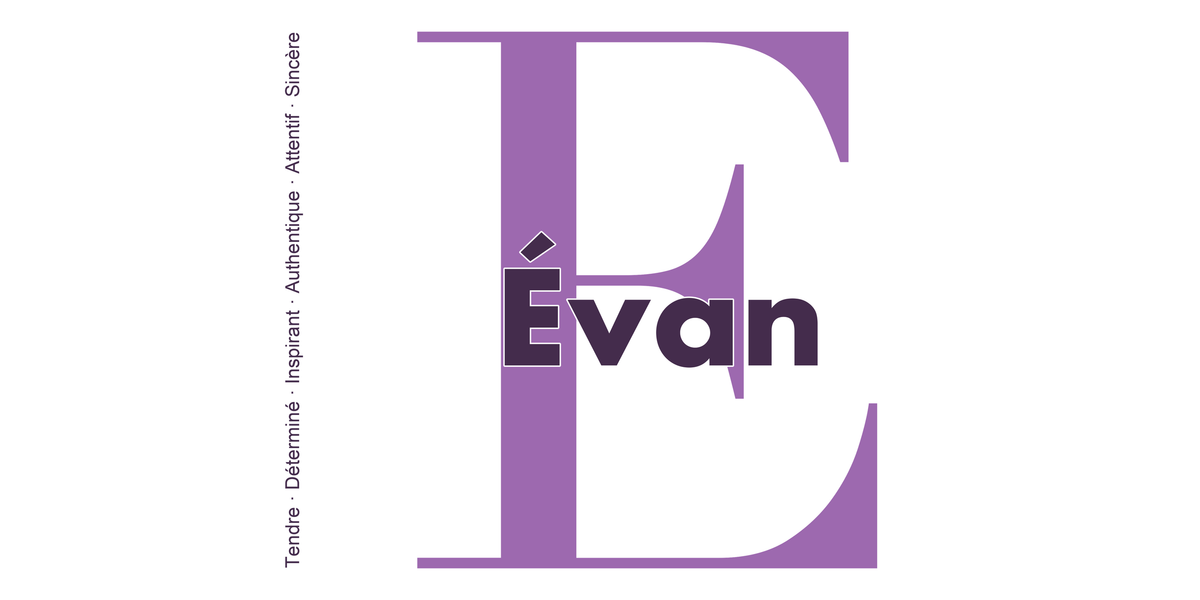 Visuel à plat du mug prénom Évan : initiale E pleine hauteur, prénom Évan centré et ligne verticale « Tendre · Déterminé · Inspirant · Authentique · Attentif · Sincère »