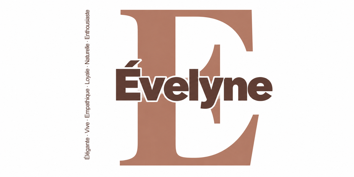 Visuel à plat du mug prénom Évelyne : initiale E pleine hauteur, prénom Évelyne centré et ligne verticale « Élégante · Vive · Empathique · Loyale · Naturelle · Enthousiaste »