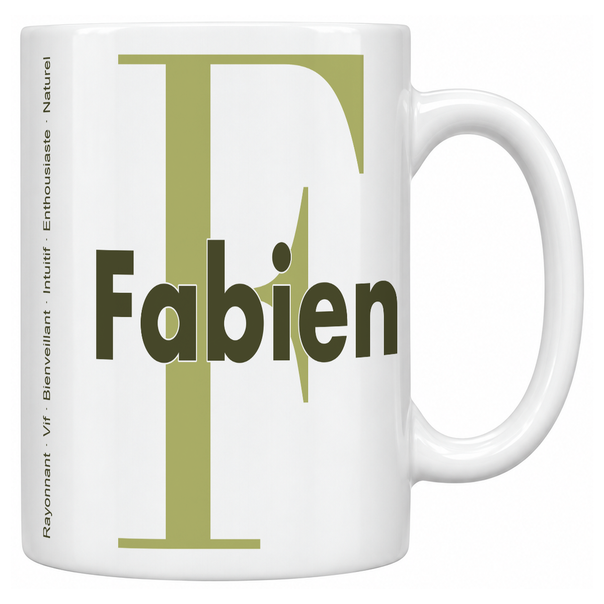Mug blanc céramique 330 ml prénom Fabien : grande initiale F, prénom Fabien en lettres bold et six qualités verticales sur le côté