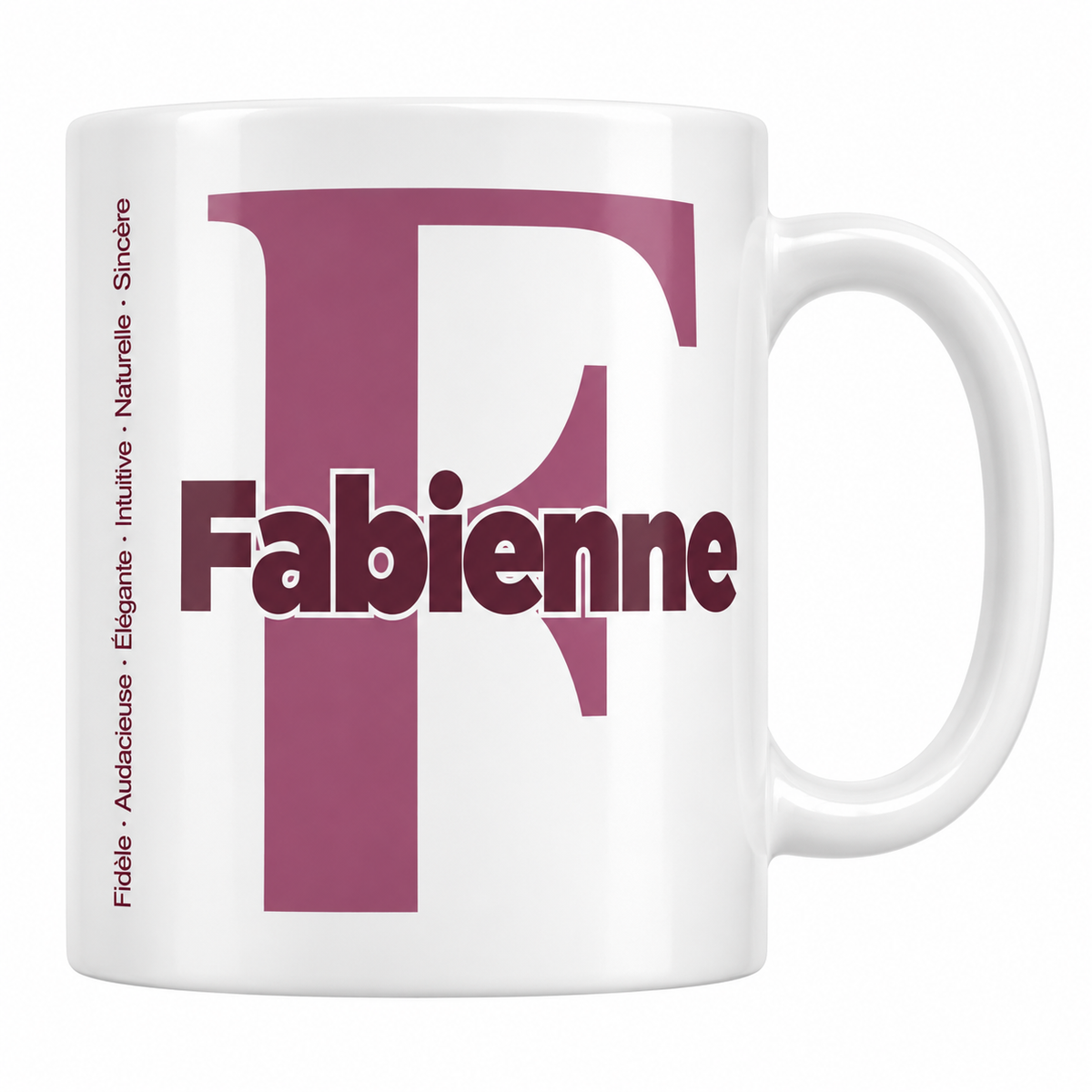Mug blanc céramique 330 ml prénom Fabienne : grande initiale F, prénom Fabienne en lettres bold et six qualités verticales sur le côté