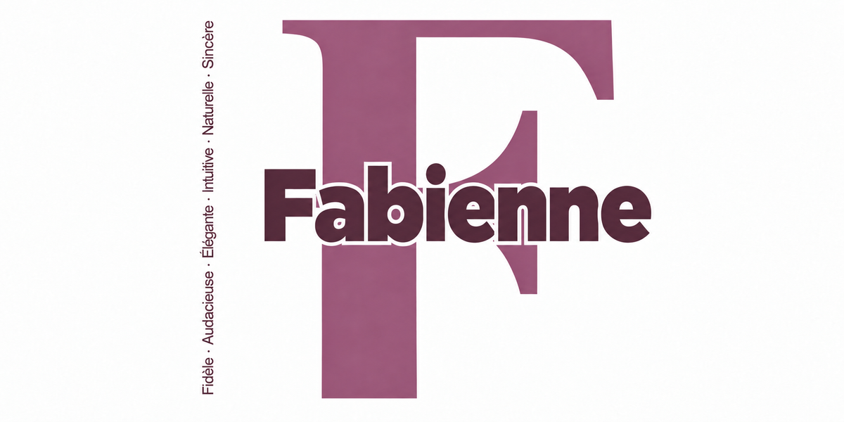 Visuel à plat du mug prénom Fabienne : initiale F pleine hauteur, prénom Fabienne centré et ligne verticale « Fidèle · Audacieuse · Élégante · Intuitive · Naturelle · Sincère »
