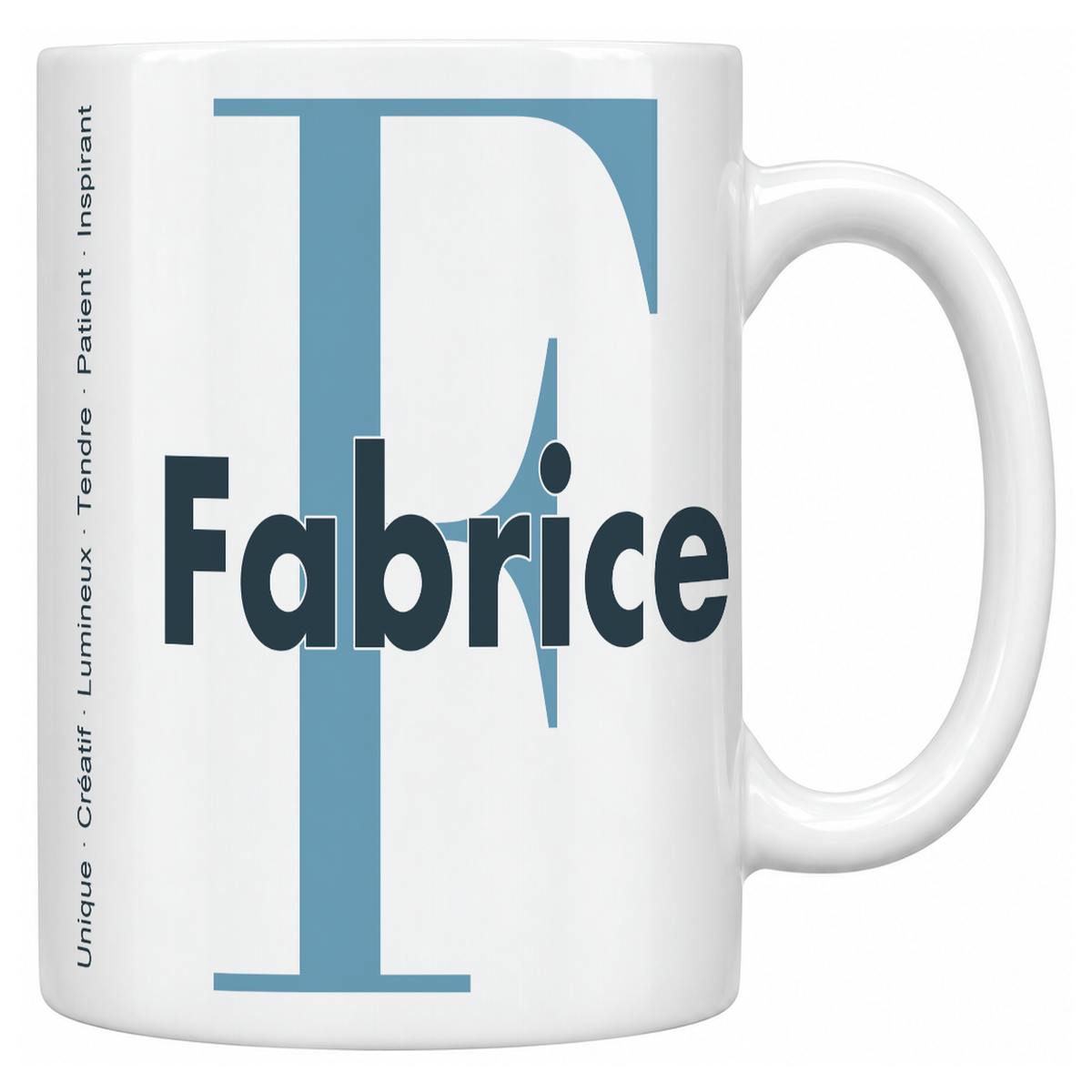 Mug blanc céramique 330 ml prénom Fabrice : grande initiale F, prénom Fabrice en lettres bold et six qualités verticales sur le côté