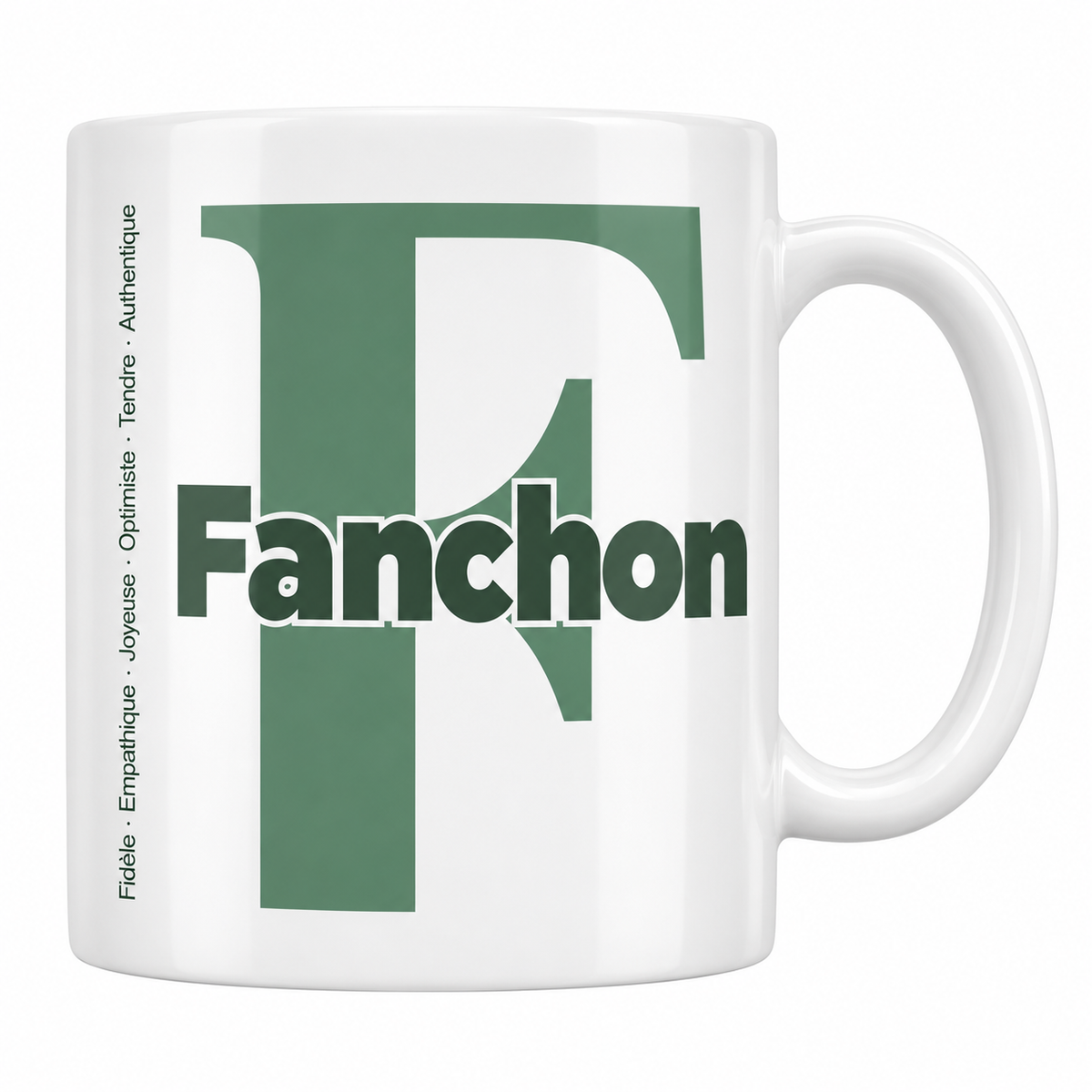 Mug blanc céramique 330 ml prénom Fanchon : grande initiale F, prénom Fanchon en lettres bold et six qualités verticales sur le côté