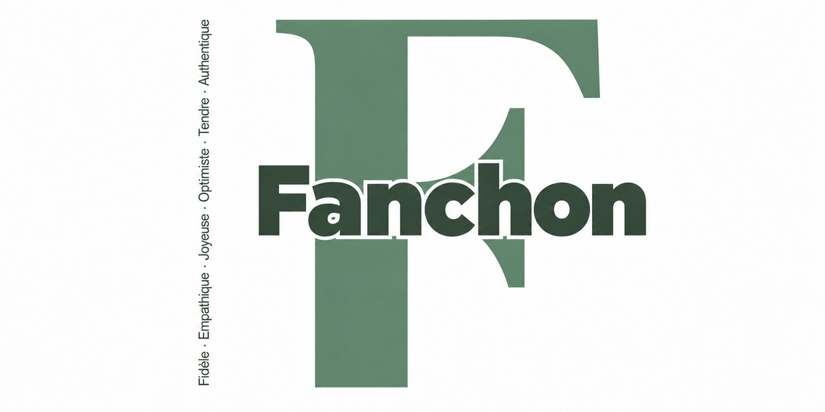 Visuel à plat du mug prénom Fanchon : initiale F pleine hauteur, prénom Fanchon centré et ligne verticale « Fidèle · Empathique · Joyeuse · Optimiste · Tendre · Authentique »