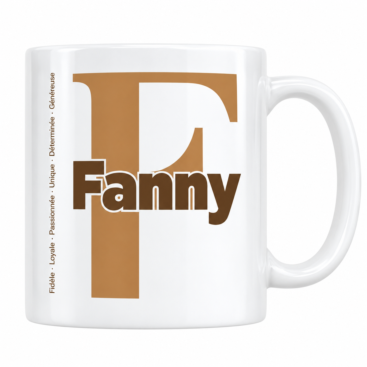 Mug blanc céramique 330 ml prénom Fanny : grande initiale F, prénom Fanny en lettres bold et six qualités verticales sur le côté