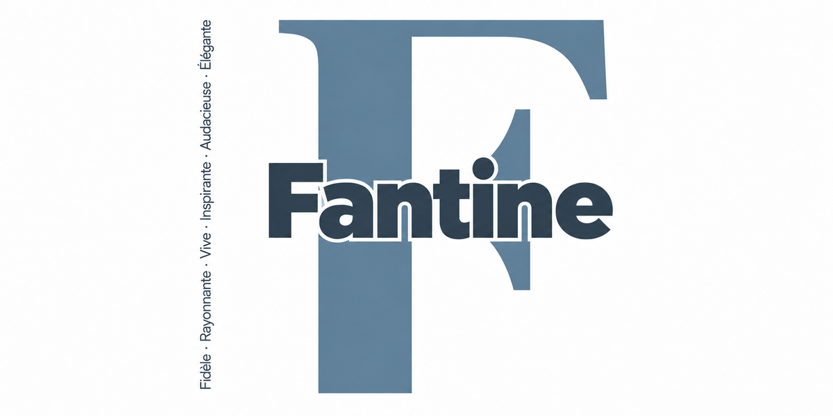 Visuel à plat du mug prénom Fantine : initiale F pleine hauteur, prénom Fantine centré et ligne verticale « Fidèle · Rayonnante · Vive · Inspirante · Audacieuse · Élégante »
