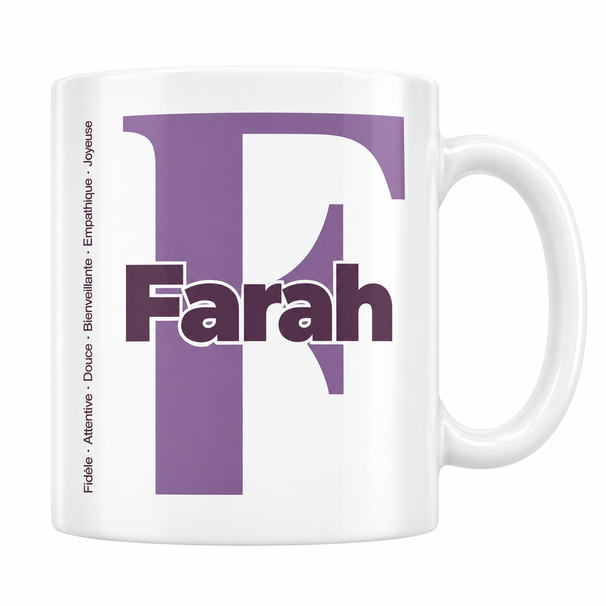 Mug blanc céramique 330 ml prénom Farah : grande initiale F, prénom Farah en lettres bold et six qualités verticales sur le côté
