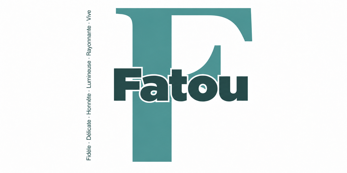 Visuel à plat du mug prénom Fatou : initiale F pleine hauteur, prénom Fatou centré et ligne verticale « Fidèle · Délicate · Honnête · Lumineuse · Rayonnante · Vive »