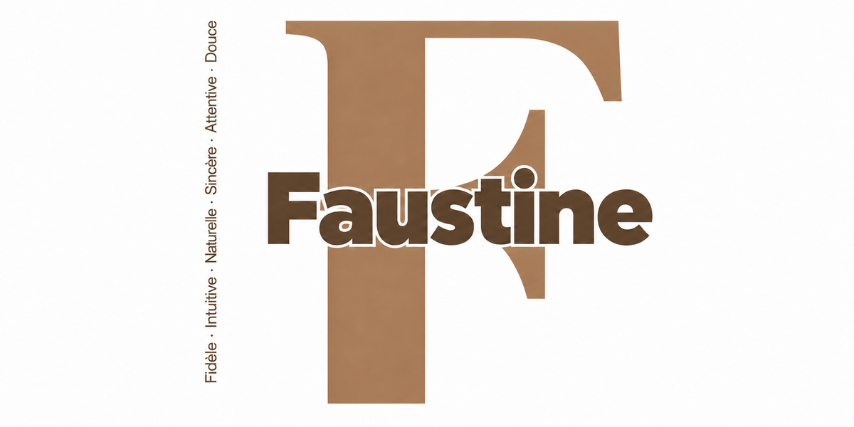 Visuel à plat du mug prénom Faustine : initiale F pleine hauteur, prénom Faustine centré et ligne verticale « Fidèle · Intuitive · Naturelle · Sincère · Attentive · Douce »