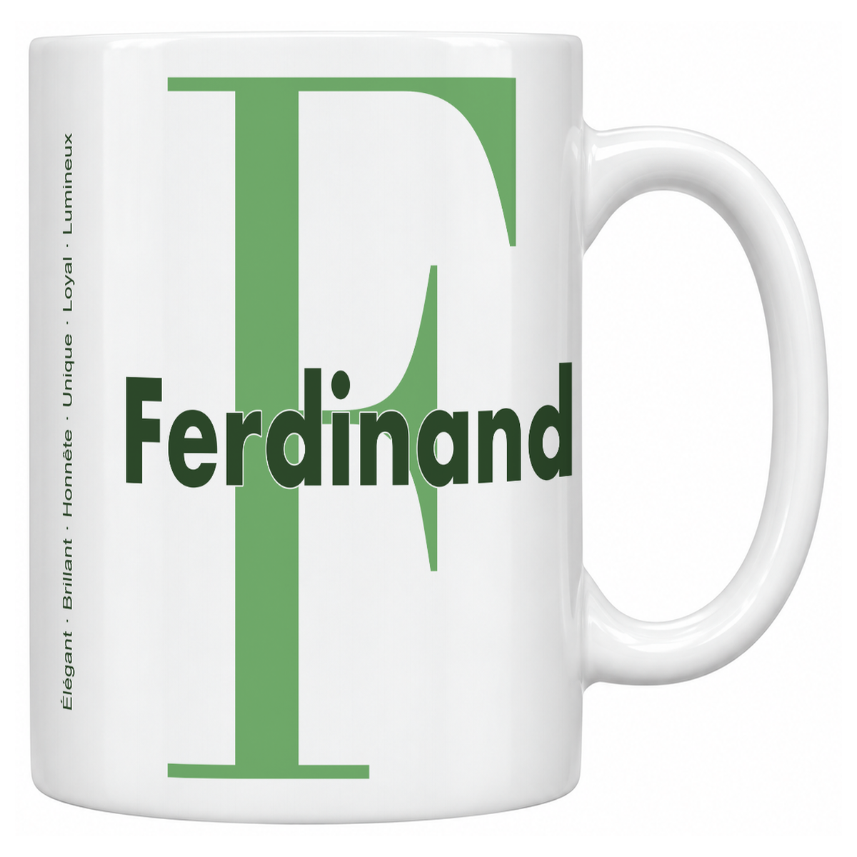 Mug blanc céramique 330 ml prénom Ferdinand : grande initiale F, prénom Ferdinand en lettres bold et six qualités verticales sur le côté