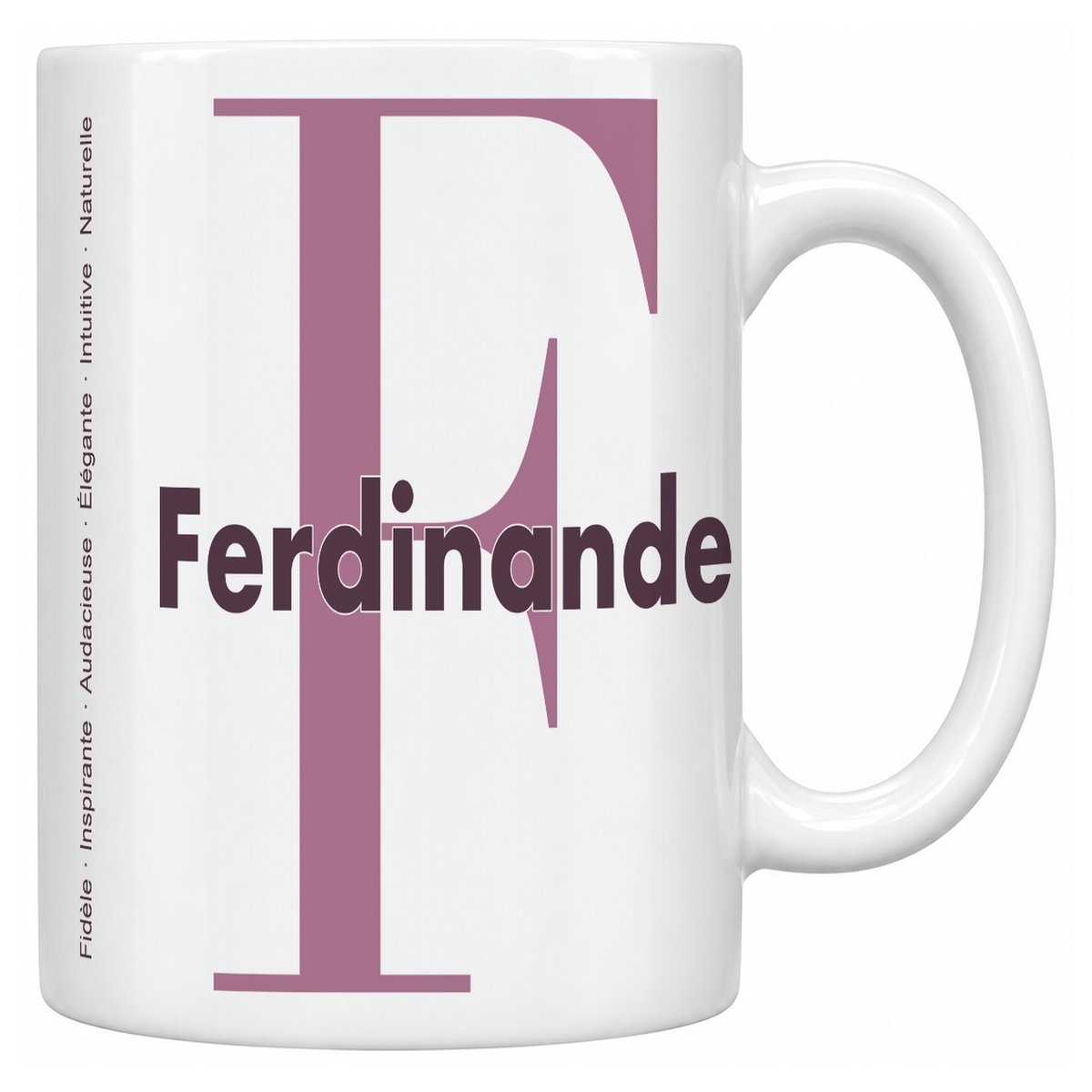 Mug blanc céramique 330 ml prénom Ferdinande : grande initiale F, prénom Ferdinande en lettres bold et six qualités verticales sur le côté