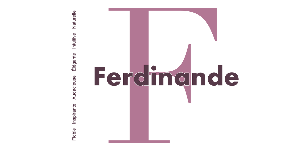Visuel à plat du mug prénom Ferdinande : initiale F pleine hauteur, prénom Ferdinande centré et ligne verticale « Fidèle · Inspirante · Audacieuse · Élégante · Intuitive · Naturelle »