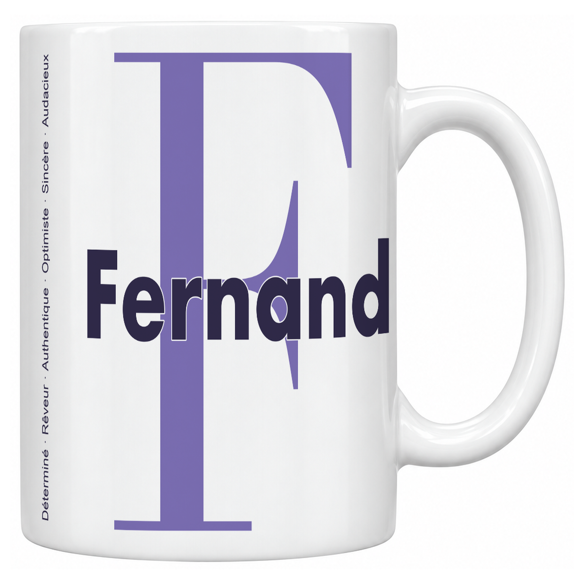 Mug blanc céramique 330 ml prénom Fernand : grande initiale F, prénom Fernand en lettres bold et six qualités verticales sur le côté