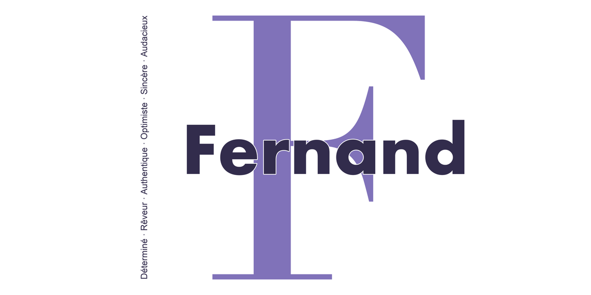 Visuel à plat du mug prénom Fernand : initiale F pleine hauteur, prénom Fernand centré et ligne verticale « Déterminé · Rêveur · Authentique · Optimiste · Sincère · Audacieux »