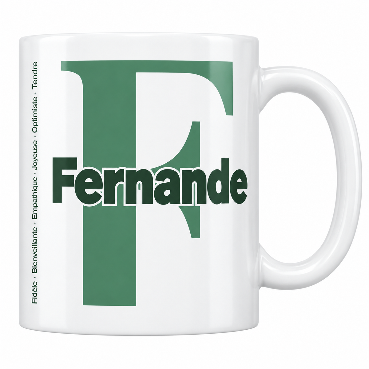 Mug blanc céramique 330 ml prénom Fernande : grande initiale F, prénom Fernande en lettres bold et six qualités verticales sur le côté