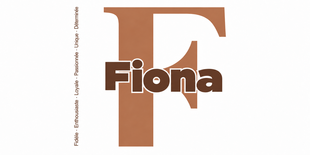 Visuel à plat du mug prénom Fiona : initiale F pleine hauteur, prénom Fiona centré et ligne verticale « Fidèle · Enthousiaste · Loyale · Passionnée · Unique · Déterminée »