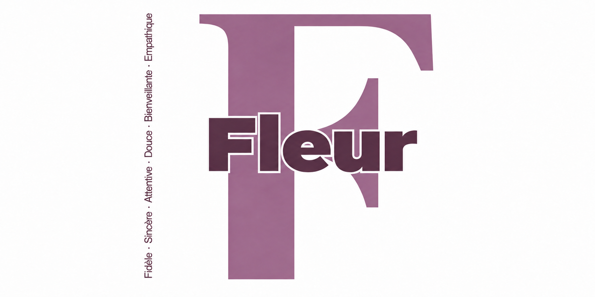 Visuel à plat du mug prénom Fleur : initiale F pleine hauteur, prénom Fleur centré et ligne verticale « Fidèle · Sincère · Attentive · Douce · Bienveillante · Empathique »