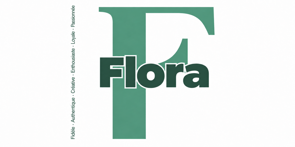 Visuel à plat du mug prénom Flora : initiale F pleine hauteur, prénom Flora centré et ligne verticale « Fidèle · Authentique · Créative · Enthousiaste · Loyale · Passionnée »