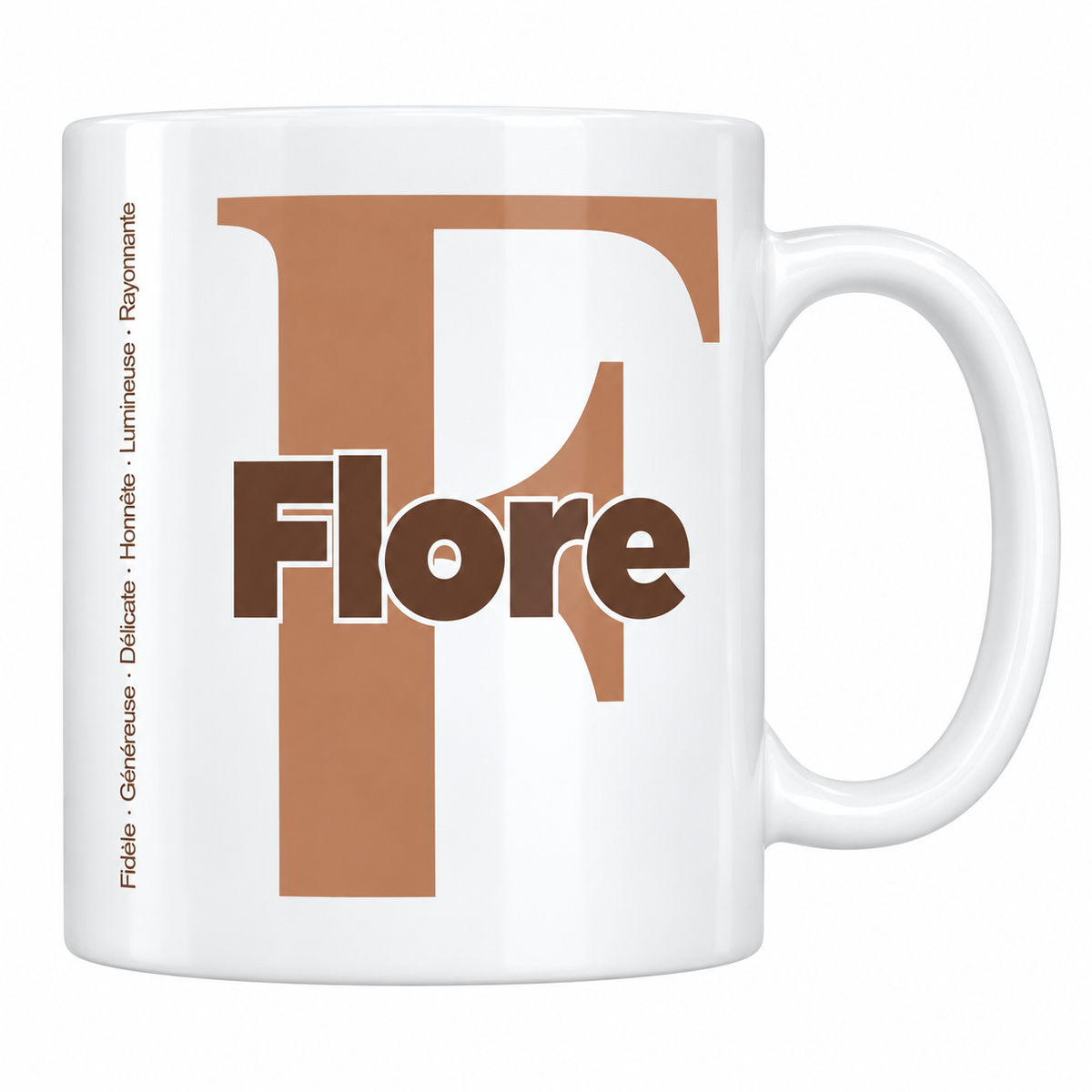 Mug blanc céramique 330 ml prénom Flore : grande initiale F, prénom Flore en lettres bold et six qualités verticales sur le côté