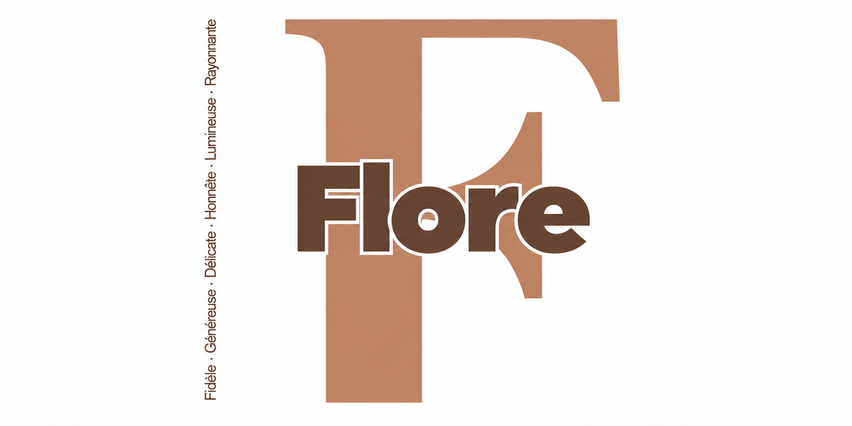 Visuel à plat du mug prénom Flore : initiale F pleine hauteur, prénom Flore centré et ligne verticale « Fidèle · Généreuse · Délicate · Honnête · Lumineuse · Rayonnante »