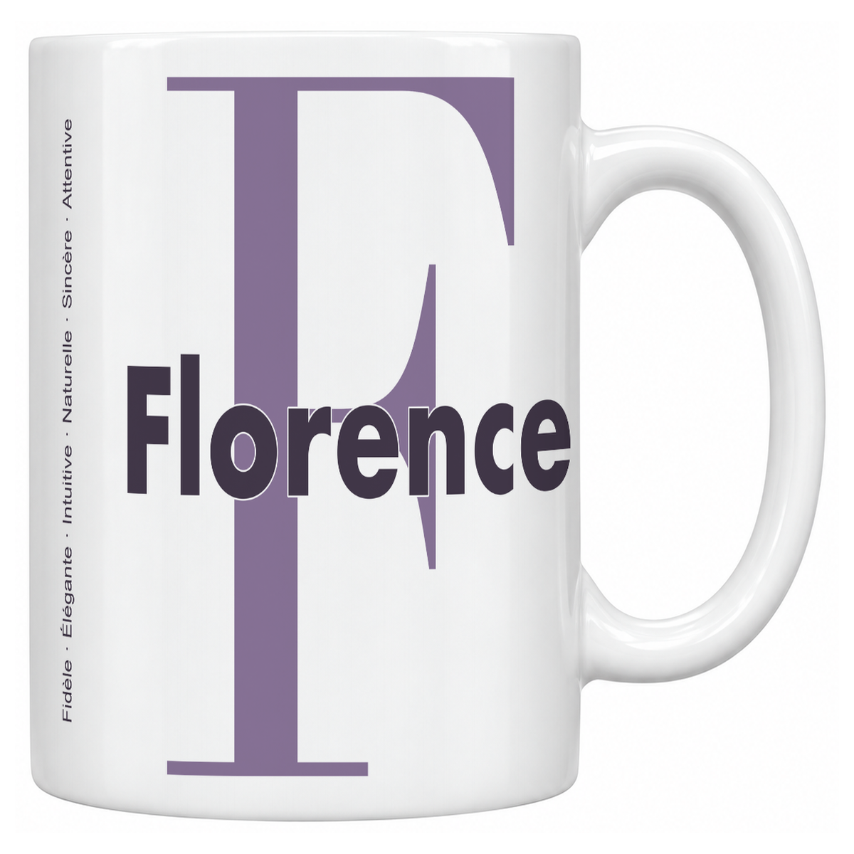 Mug blanc céramique 330 ml prénom Florence : grande initiale F, prénom Florence en lettres bold et six qualités verticales sur le côté