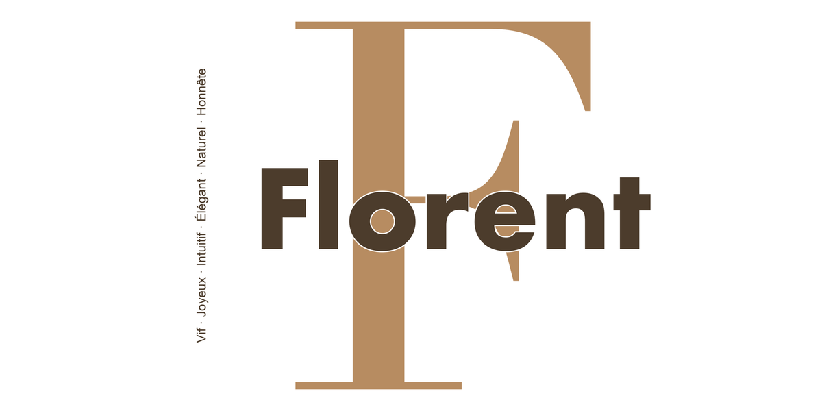 Visuel à plat du mug prénom Florent : initiale F pleine hauteur, prénom Florent centré et ligne verticale « Vif · Joyeux · Intuitif · Élégant · Naturel · Honnête »