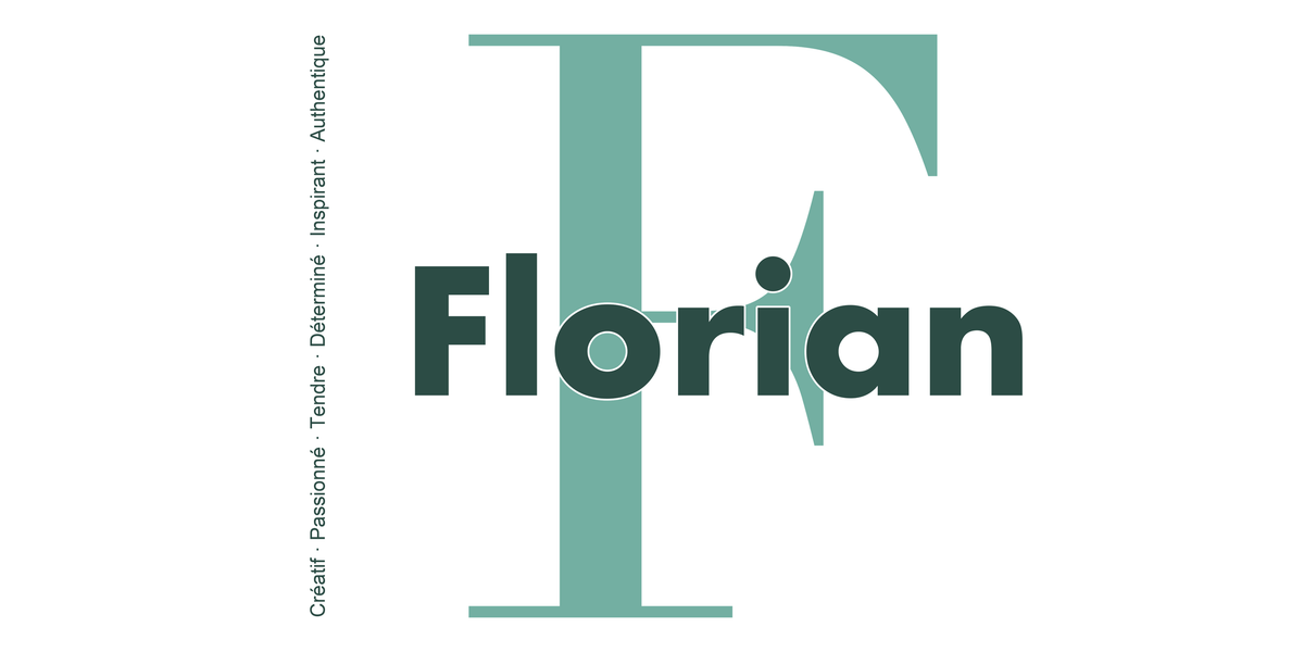 Visuel à plat du mug prénom Florian : initiale F pleine hauteur, prénom Florian centré et ligne verticale « Créatif · Passionné · Tendre · Déterminé · Inspirant · Authentique »