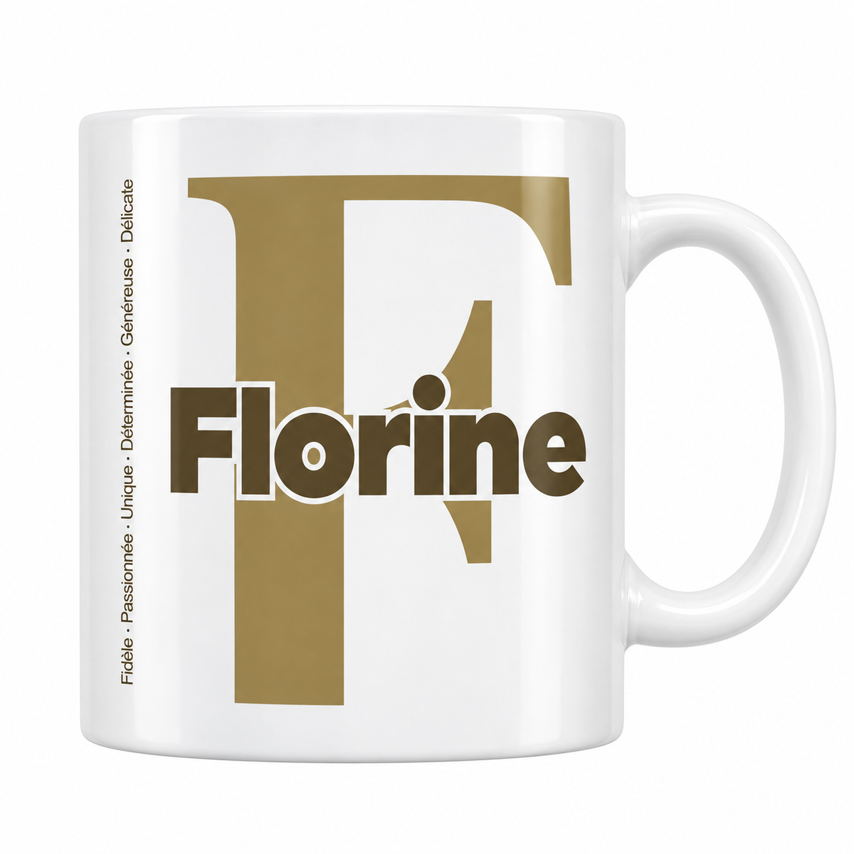 Mug blanc céramique 330 ml prénom Florine : grande initiale F, prénom Florine en lettres bold et six qualités verticales sur le côté