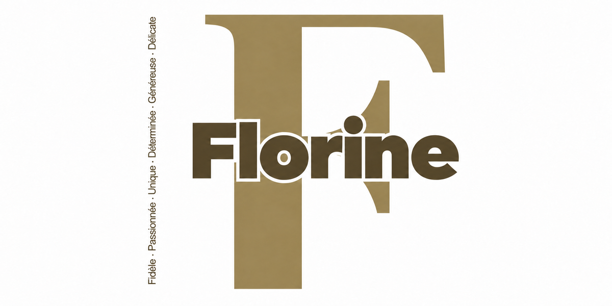 Visuel à plat du mug prénom Florine : initiale F pleine hauteur, prénom Florine centré et ligne verticale « Fidèle · Passionnée · Unique · Déterminée · Généreuse · Délicate »
